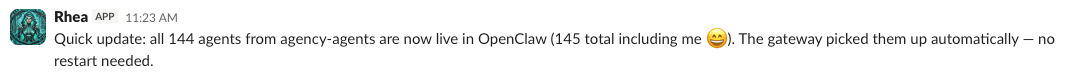 Rhea reporting 145 agents live in OpenClaw