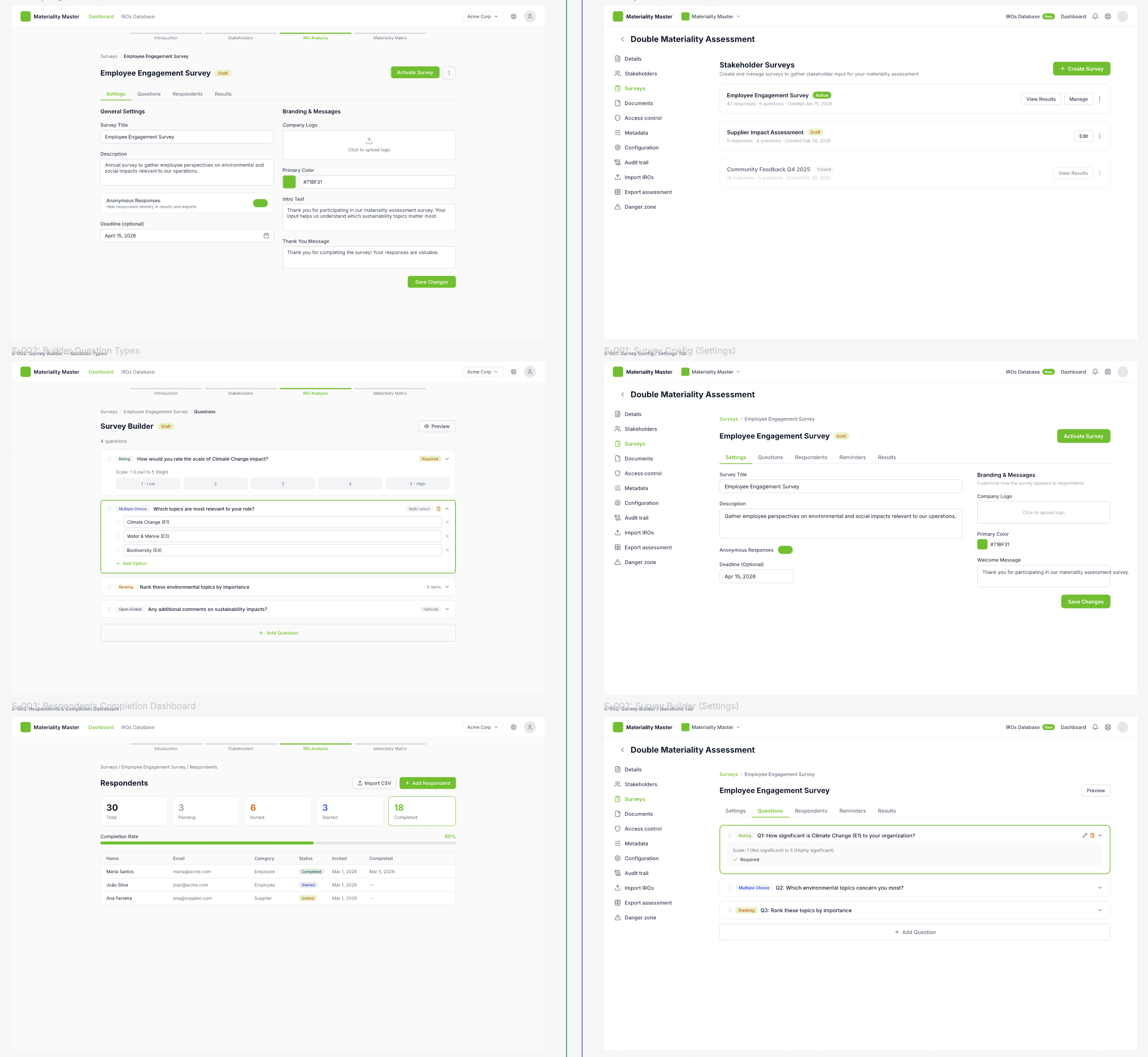 Wireframes for Materiality Master survey feature, matching the existing product design