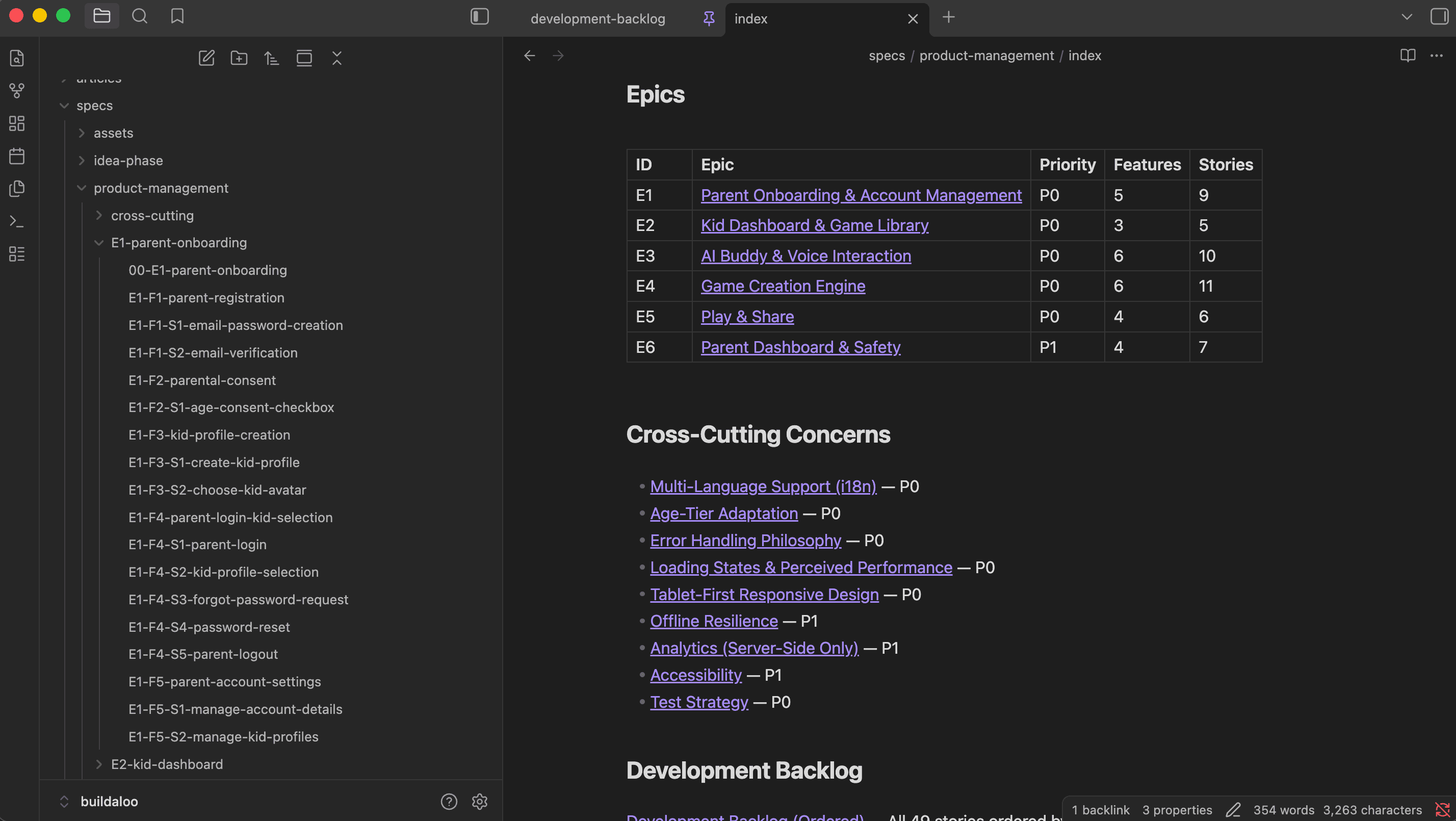 Product specs organized in Obsidian with epics, features, and user stories
