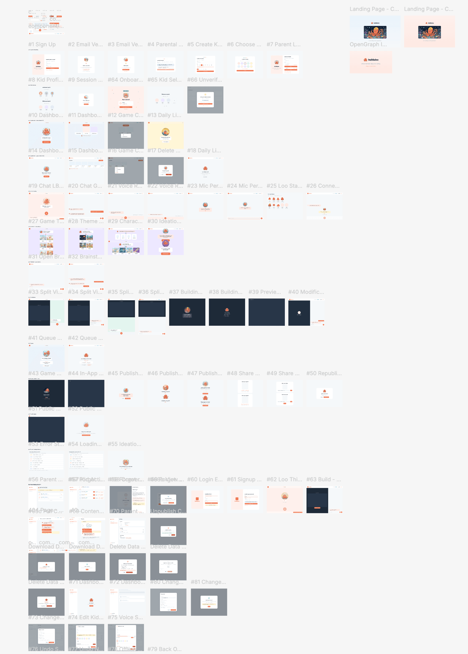 Pencil canvas showing dozens of wireframe screens organized in labeled rows