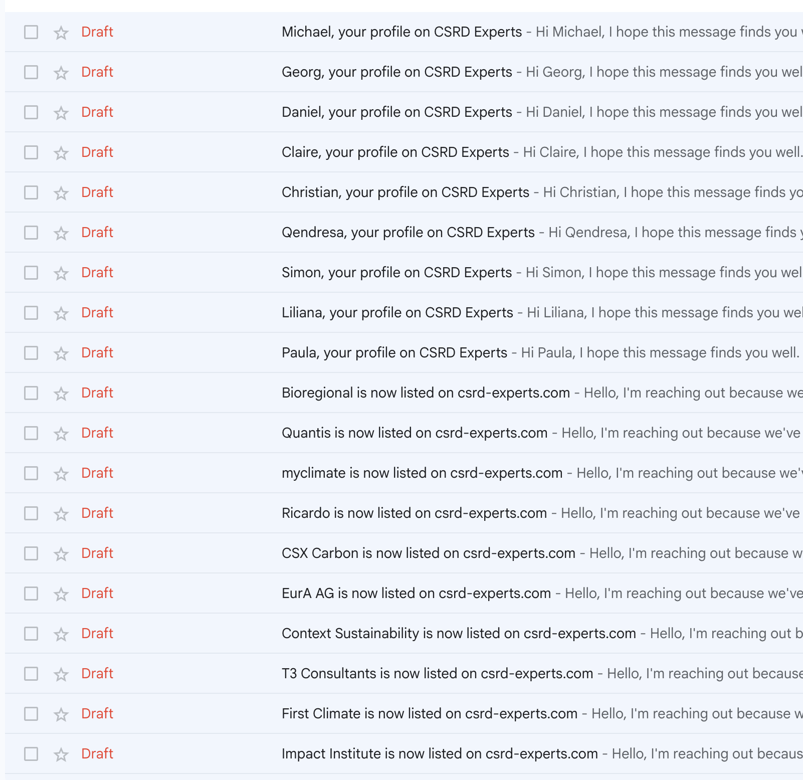 Gmail inbox showing multiple draft emails created by the agent