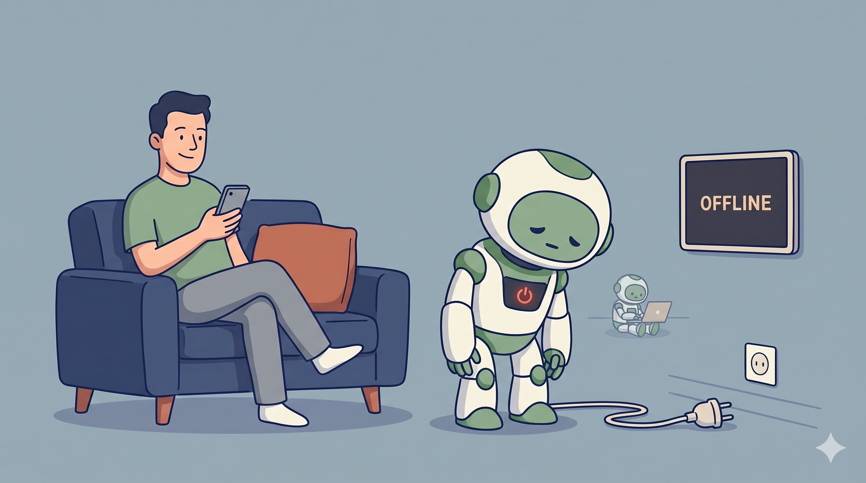 A man relaxed on a sofa with his phone while a powered-off robot stands unplugged next to an offline screen — OpenClaw quietly switched off